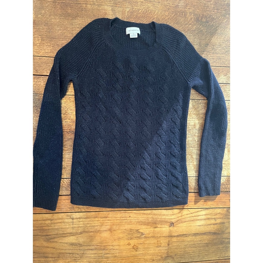 Liz Claiborne sparkly navy cable knit sweater cotton S classic long seeve